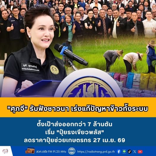 &ldquo;ศุภจี&rdquo; รับฟังชาวนา เร่งแก้ปัญหาข้าวทั้งระบบ ตั้งเป้าส่งออกกว่า 7 ล้านตัน เริ่ม &ldquo;ปุ๋ยธงเขียวพลัส&rdquo; ลดราคาปุ๋ยช่วยเกษตรกร 27 เม.ย. 69