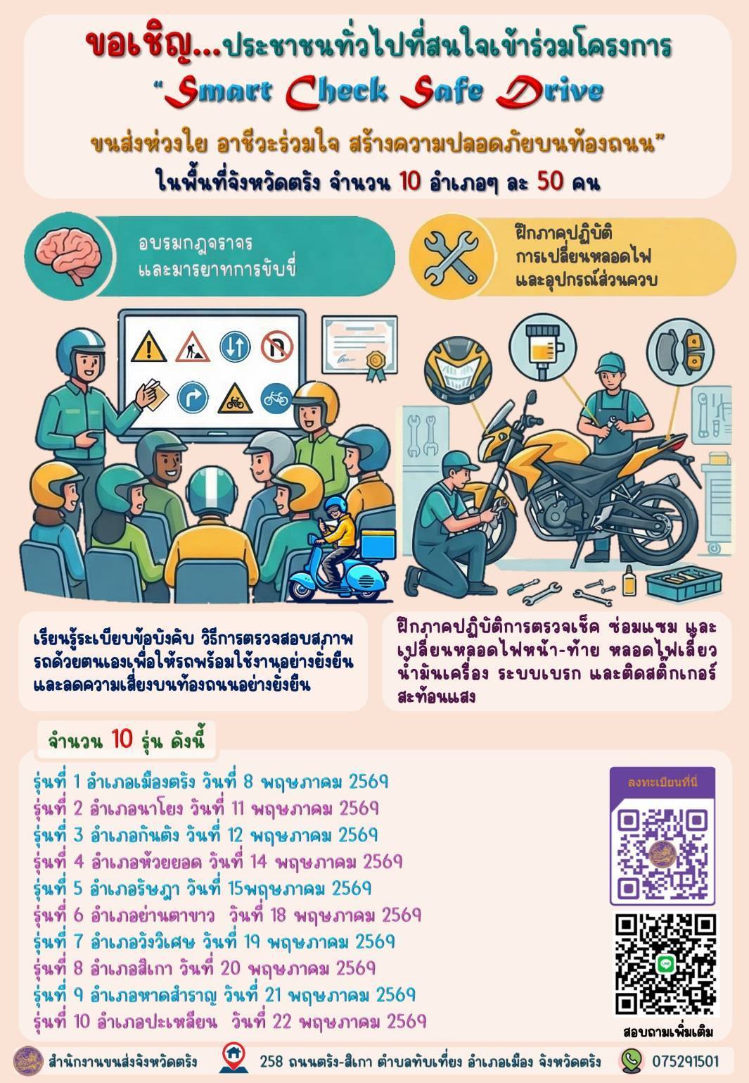 สำนักงานขนส่งจังหวัดตรัง    จัดโครงการ Smart Check Safe Drive ขนส่งห่วงใย  อาชีวะร่วมใจ  สร้างความปลอดภัยบนท้องถนน 