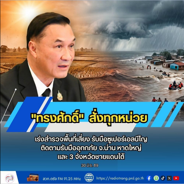 &ldquo;ทรงศักดิ์&rdquo; สั่งทุกหน่วย เร่งสำรวจพื้นที่เสี่ยง รับมือซูเปอร์เอลนีโญ ติดตามรับมืออุทกภัย จ.น่าน หาดใหญ่ และ 3 จังหวัดชายแดนใต้