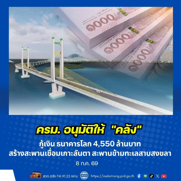 ครม. อนุมัติให้ &ldquo;คลัง&rdquo; กู้เงิน ธนาคารโลก 4,550 ล้าน สร้างสะพานเชื่อมเกาะลันตา สะพานข้ามทะเลสาบสงขลา 