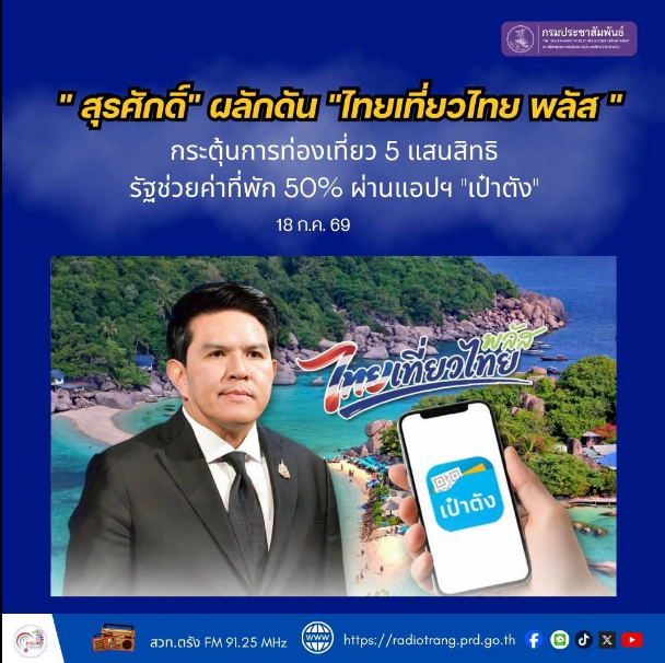 &ldquo;สุรศักดิ์&rdquo; ผลักดัน &ldquo;ไทยเที่ยวไทย พลัส&rdquo; กระตุ้นการท่องเที่ยว 5 แสนสิทธิ รัฐช่วยค่าที่พัก 50% ผ่านแอปฯ &ldquo;เป๋าตัง&rdquo;
