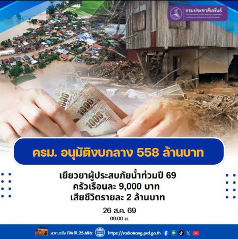 ครม. อนุมัติงบกลาง 558 ล้าน เยียวยาผู้ประสบภัยน้ำท่วมปี 69  ครัวเรือนละ 9,000 บาท เสียชีวิตรายละ 2 ล้าน  