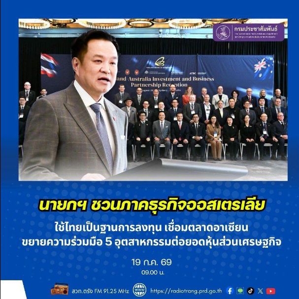 นายกฯ ชวนภาคธุรกิจออสเตรเลีย ใช้ไทยเป็นฐานการลงทุน เชื่อมตลาดอาเซียน ขยายความร่วมมือ 5 อุตสาหกรรมต่อยอดหุ้นส่วนเศรษฐกิจ