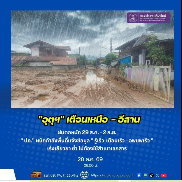 &ldquo;อุตุฯ&rdquo; เตือนเหนือ - อีสาน ฝนตกหนัก 29 ส.ค. - 2 ก.ย. &ldquo;ปภ.&rdquo; ผนึกกำลังพื้นที่แจ้งข้อมูล &ldquo;รู้เร็ว เตือนเร็ว อพยพเร็ว&rdquo; เร่งเยียวยา ย้ำ ไม่ต้องใช้สำเนาเอกสาร